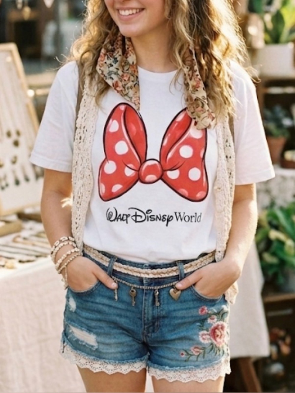 Disney women cotton White T-Shirt with Red Polka Dot Bow 2X travel theme party